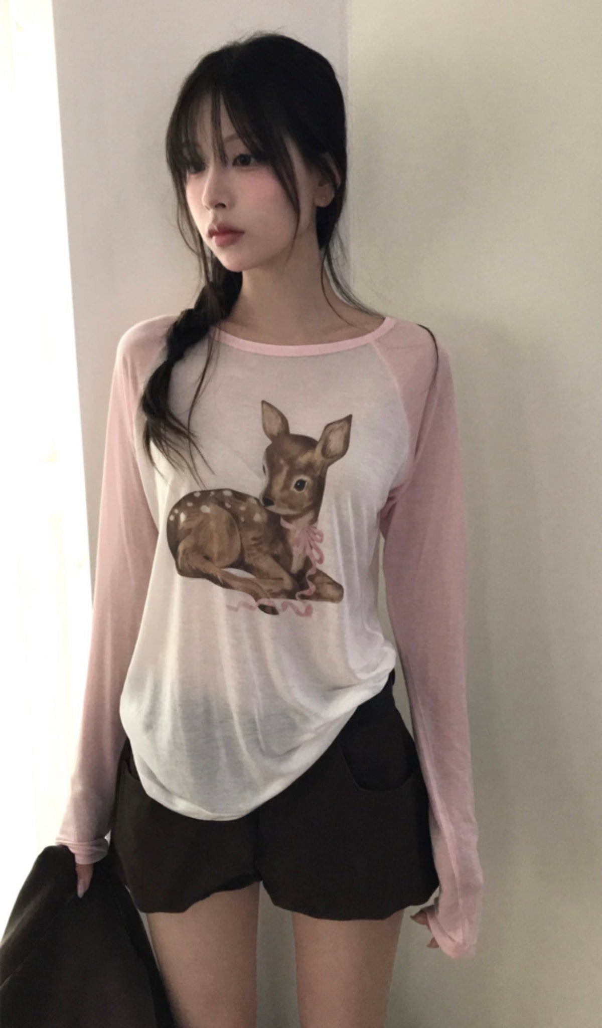 Korean Baby Bambi Raglan Long Sleeve Tee - Pink/Gray (Instock)