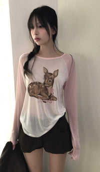 Korean Baby Bambi Raglan Long Sleeve Tee - Pink/Gray (Instock)