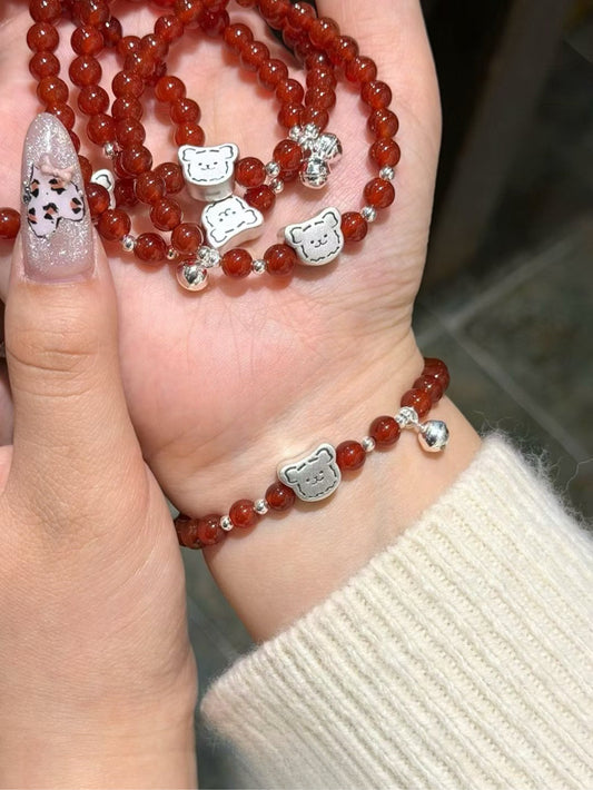 Kelly Designs Red Agate Bead Bracelet with Sterling Silver Bear Charm (Instock)