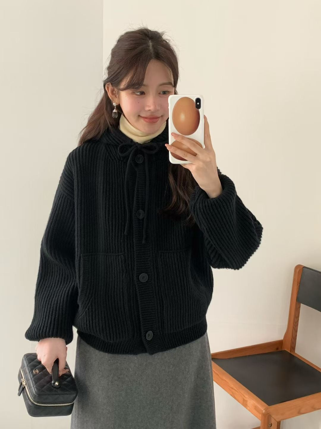 Korean APM Collection EGG Button Up Black Hoodie Wool Cardigan (Instock)