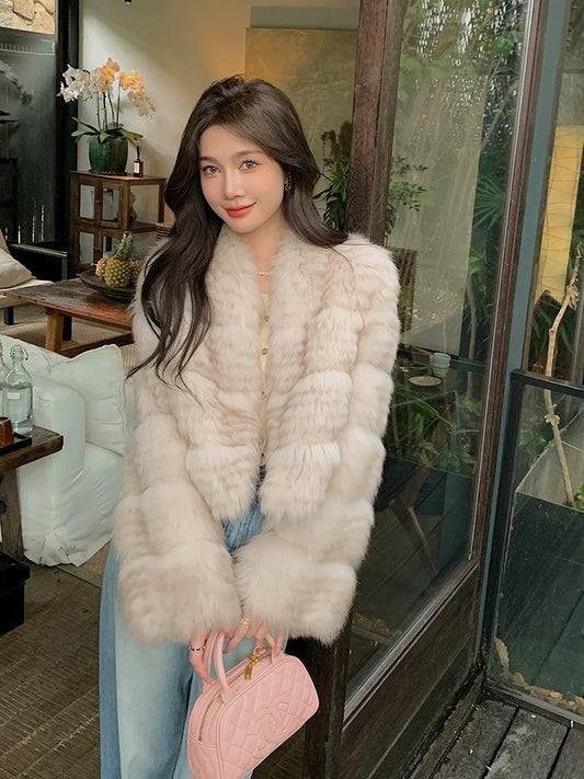 Kelly Designs White Fox Fur Coat with Panel Stitch Design- V Neck(Instock)