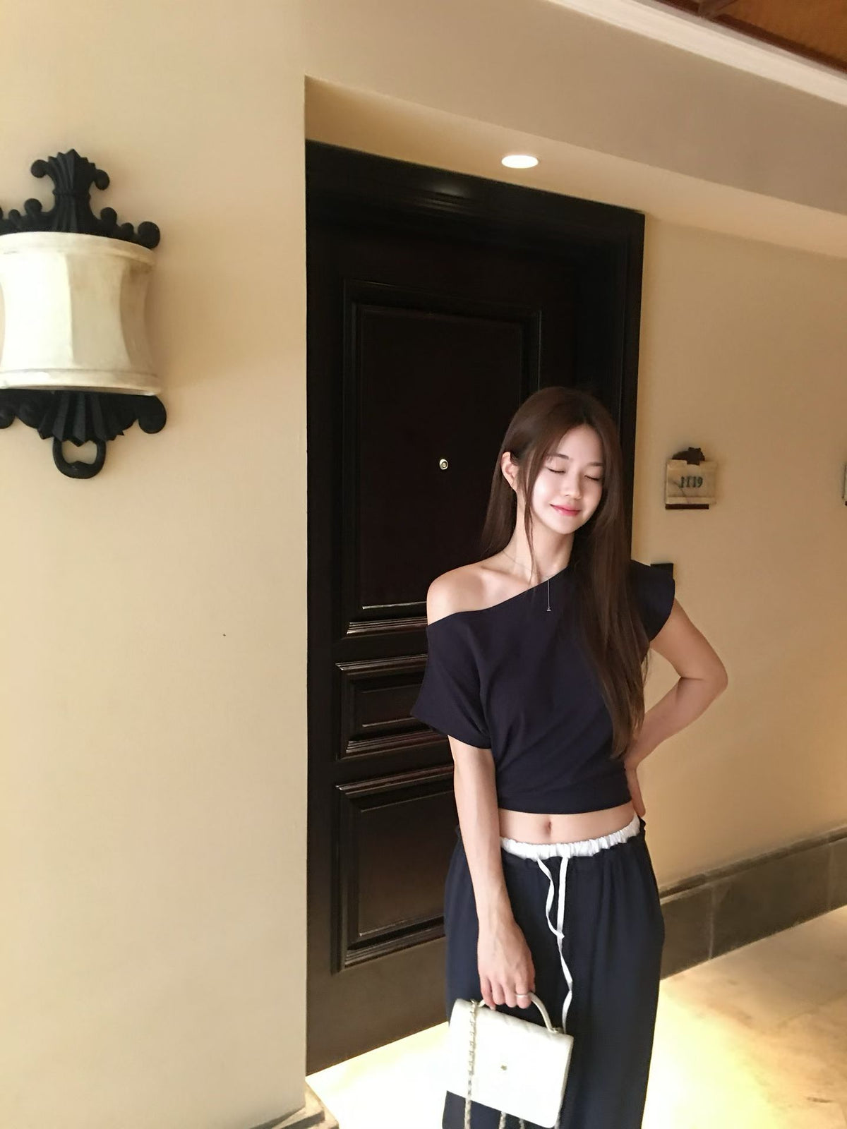 Korean APM Collection Vegetable Navy Off Shoulder Top (Instock)
