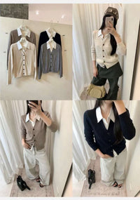 Kelly Designs Linen & Wool-Blend Contrast-Collar Cable-Knit Cardigan (Instock)