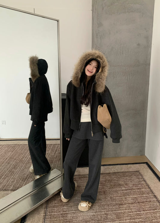 Kelly Designs Minimal Wool-Blend Short Goose Jacket with Detachable Raccoon Fur Collar (Instock)