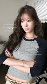 Korean Collection Tone-on-Tone Raglan 3/4 Sleeve Top (Instock)