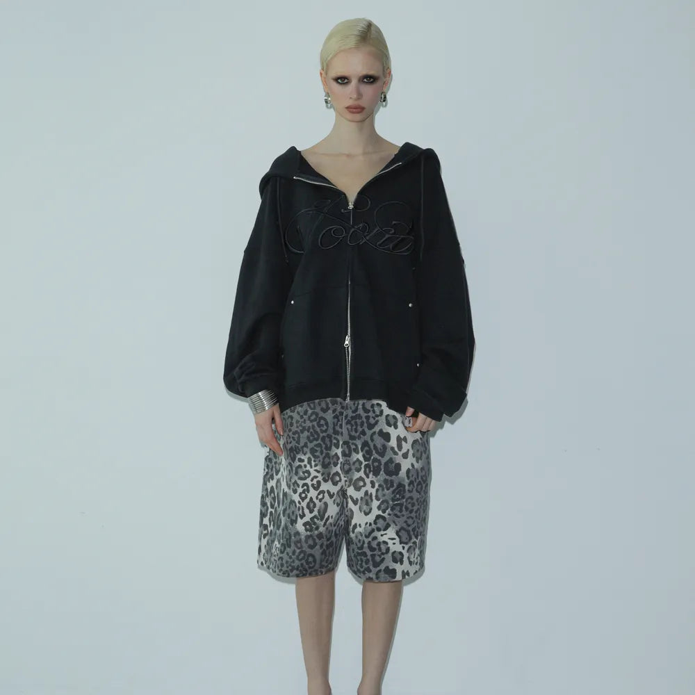 Korean VOONT Lettering Embroidery Zip-Up Black Hoodie (Instock)