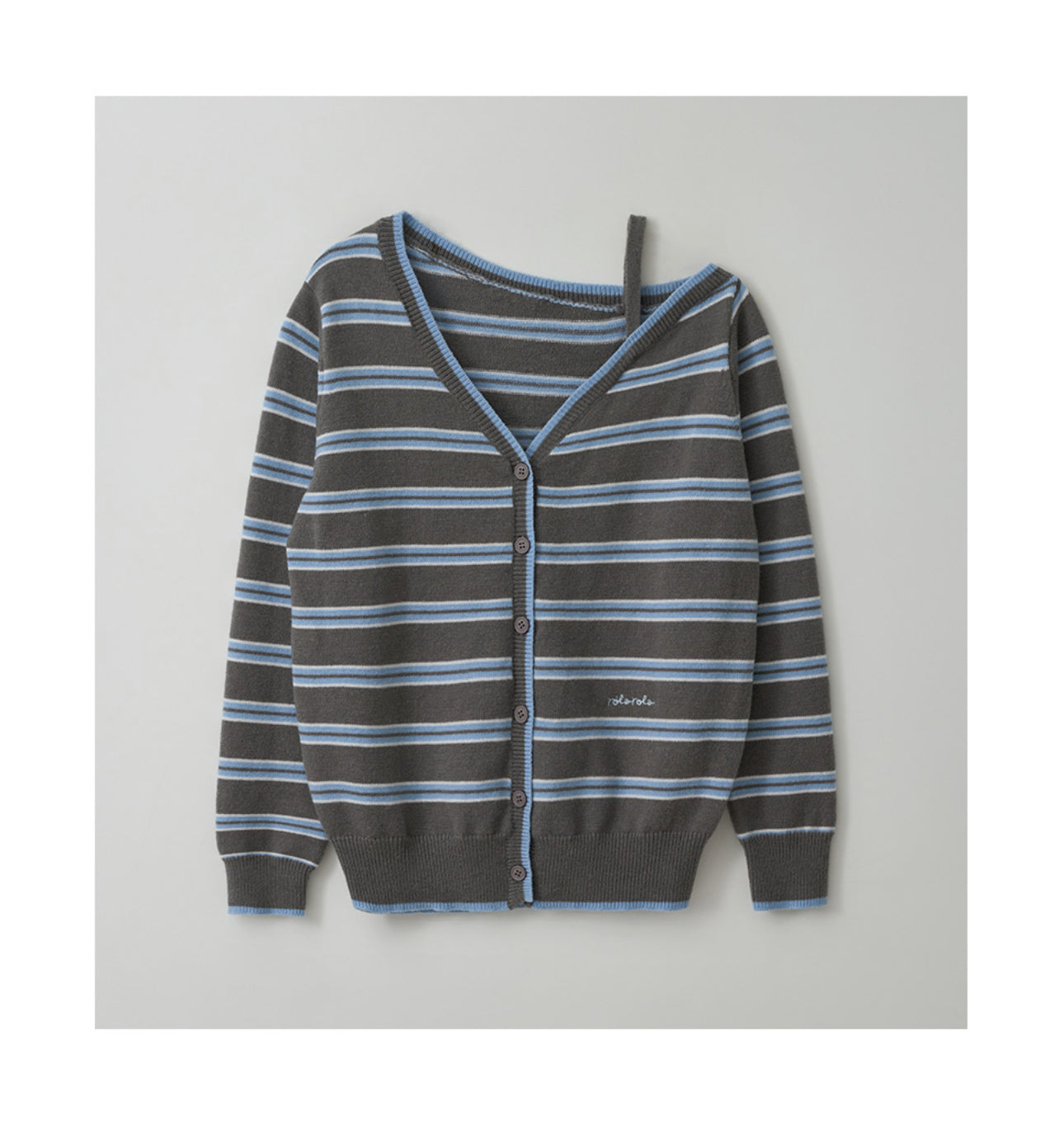 Korean Collection Rolaroal ONE OFF SHOULDER STRIPE WOOL BLENDED Cardigan Gray (2 weeks)