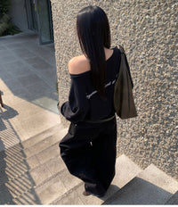 Korean Collection Sheer One-Shoulder Snap Slit Long Sleeve Top (Instock)
