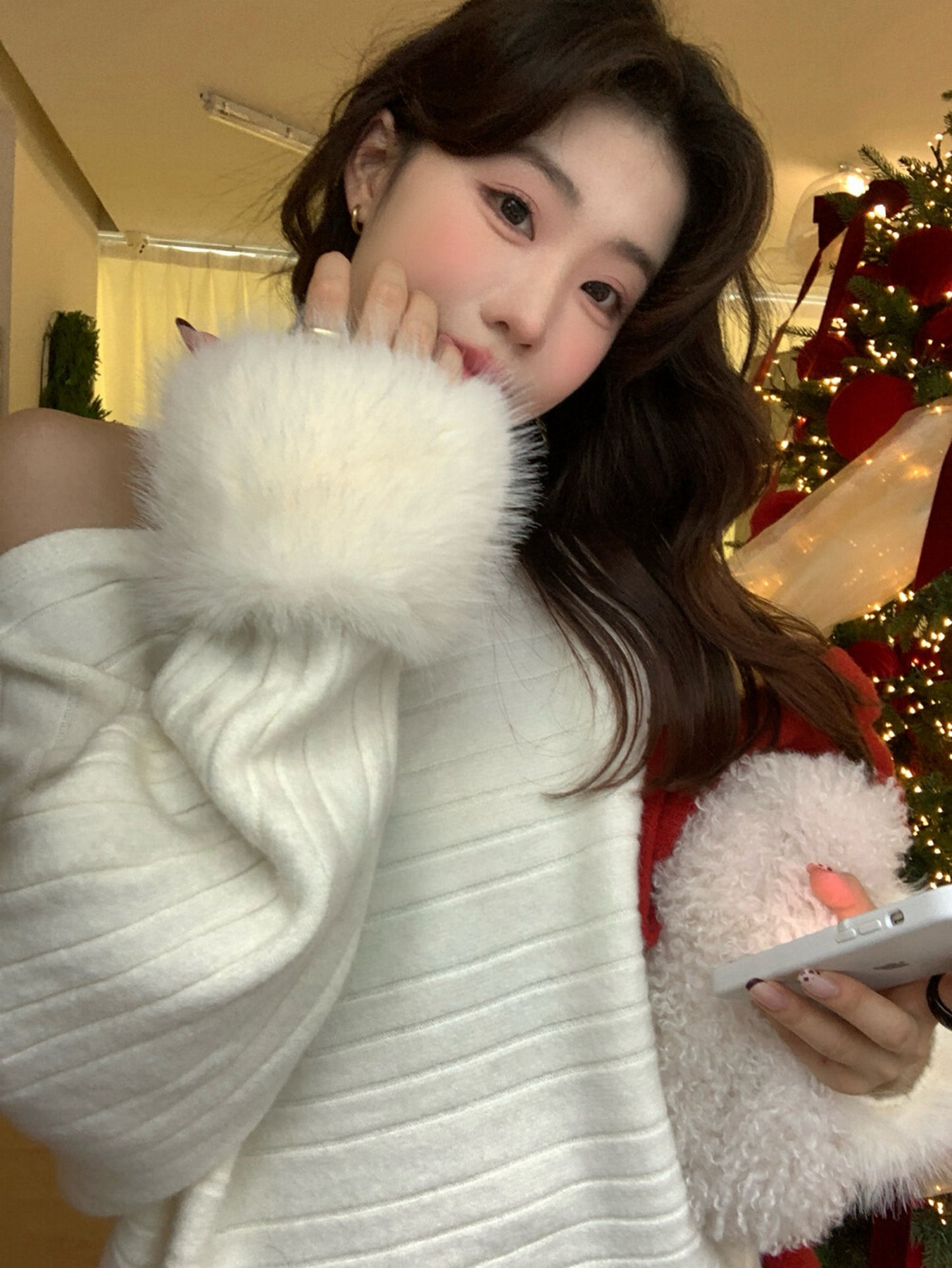 Kelly Designs  French-Inspired Off-Shoulder Knit Sweater with Fur Cuffs (Instock)