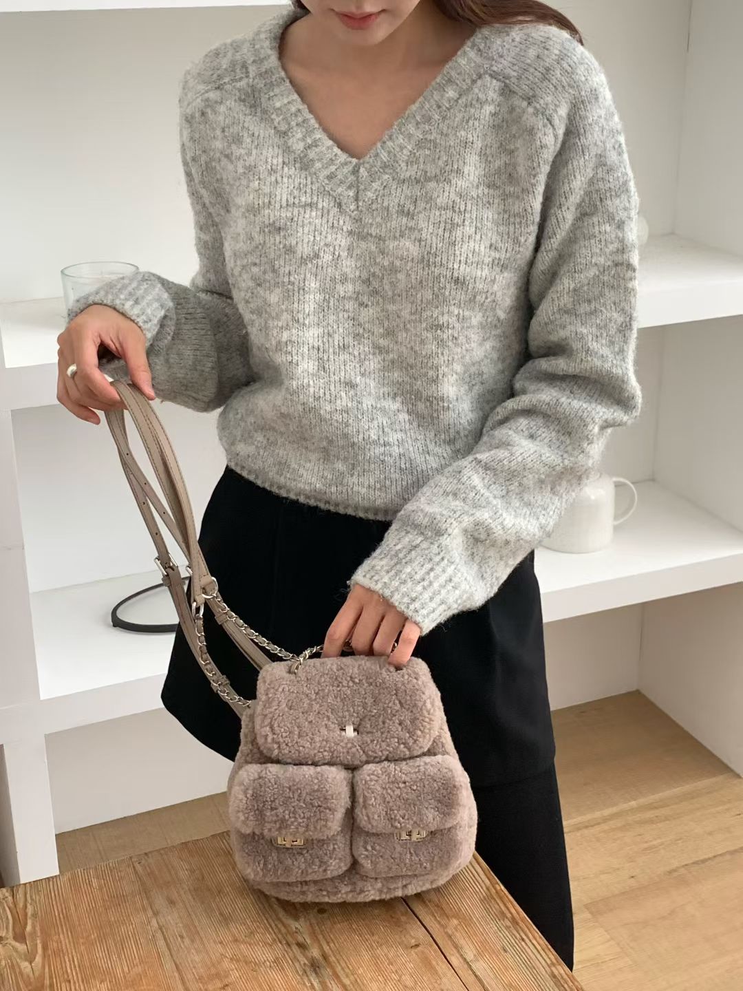 Korean APM Collection Three Colors Shearling Lampwool Backpack(Instock)