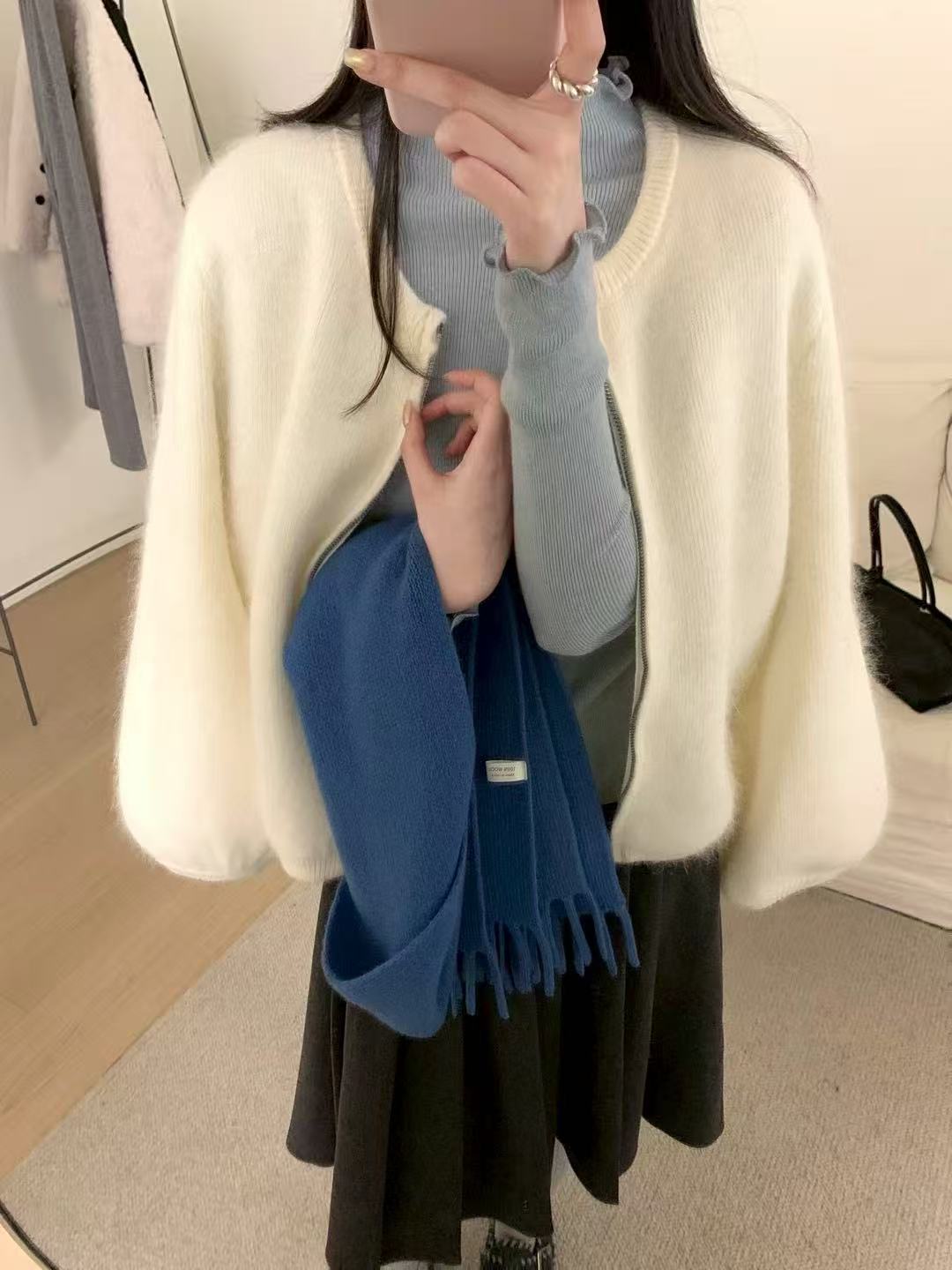 Kelly Designs Raccoon Wool Zip-Up Knit White Cardigan – Soft & Fluffy (Instock)