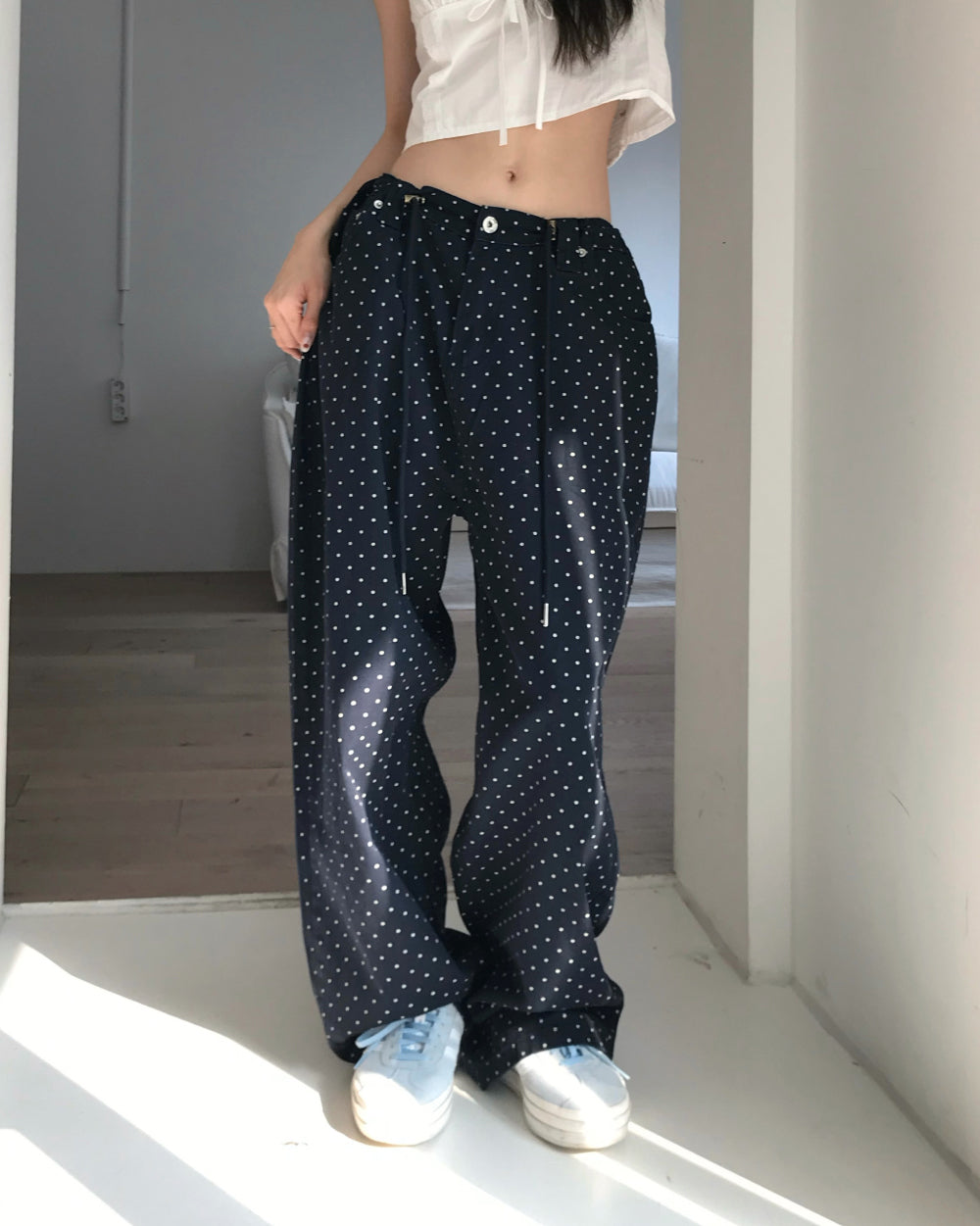 Korean ROBE:L Navy Polka Dot Wide-Leg Pants (Instock)