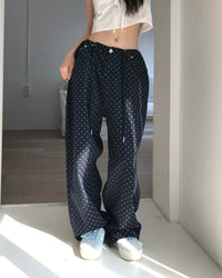 Korean ROBE:L Navy Polka Dot Wide-Leg Pants (Instock)