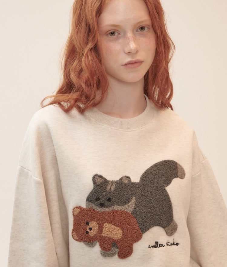 Ambler Overfit Cat biting Teddy bear Oatmeal Sweater (Preorder)