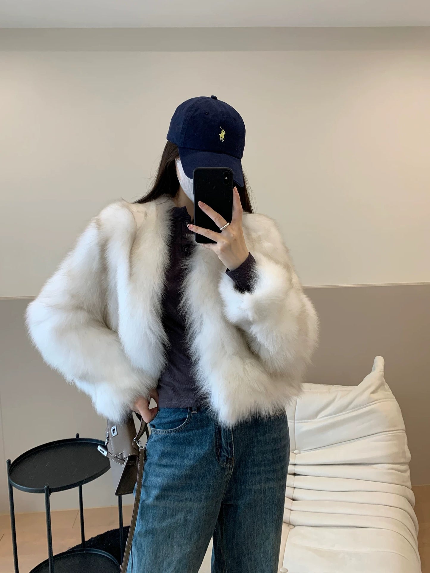Kelly Designs White Grey Fox Fur V Neck Jacket (Instock)