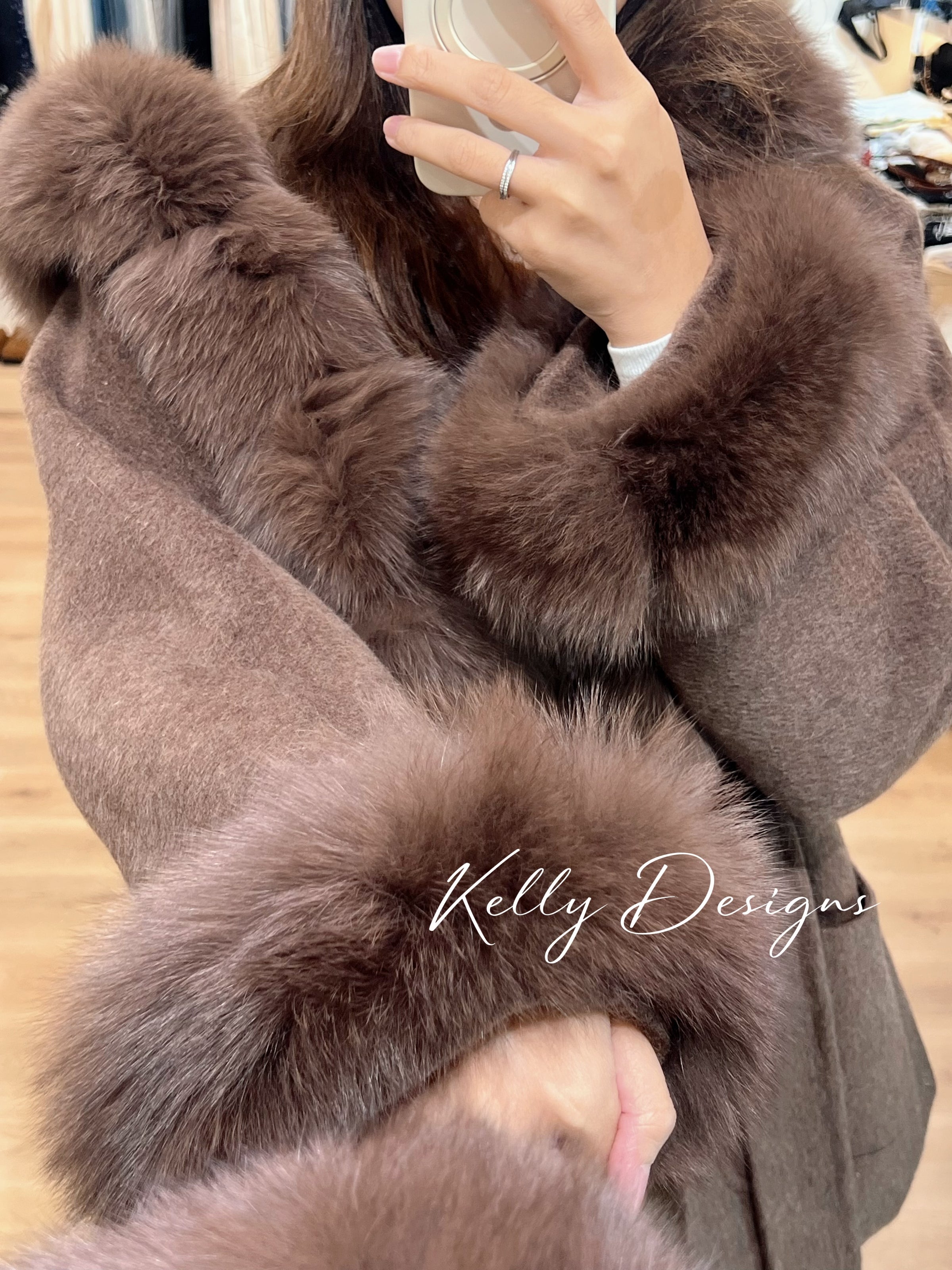 Kelly Designs Fox Fur Brown Wool Coat (Instock)