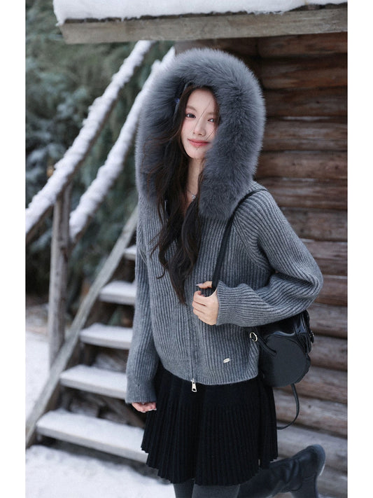 Kelly Designs Fox Fur Zip Up Grey Hoodie (Instock)