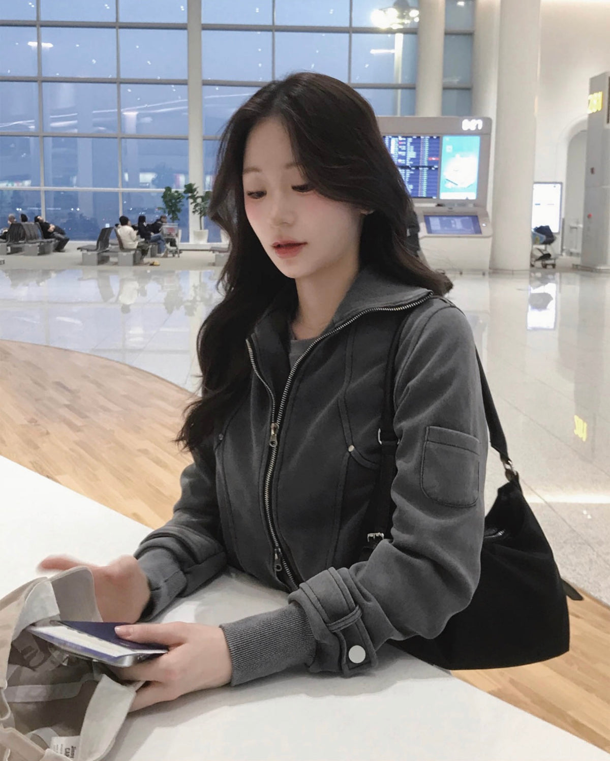Korean Collection Washed Charcoal Two-Way Zip Jacket (Instock)