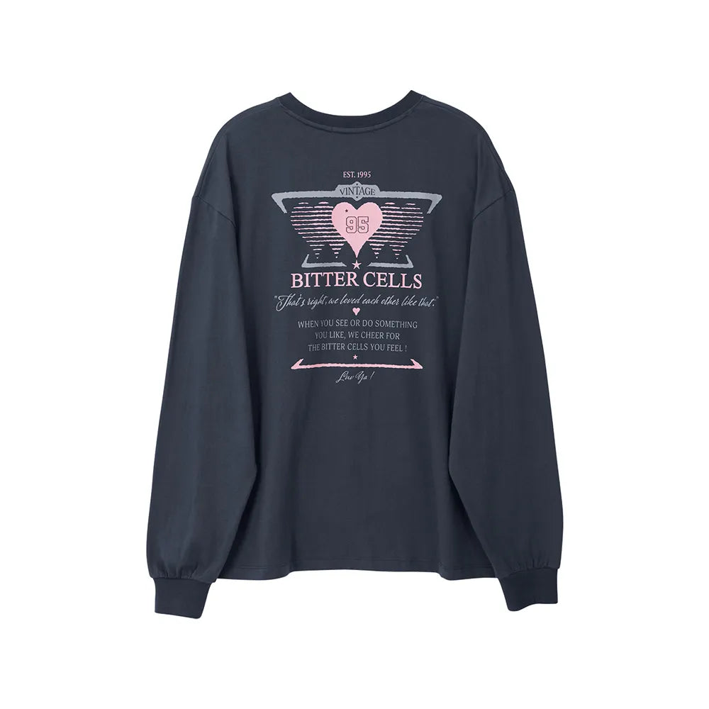 Korean Vintage Heart Graphic Long Sleeve Tee – Charcoal (Instock)