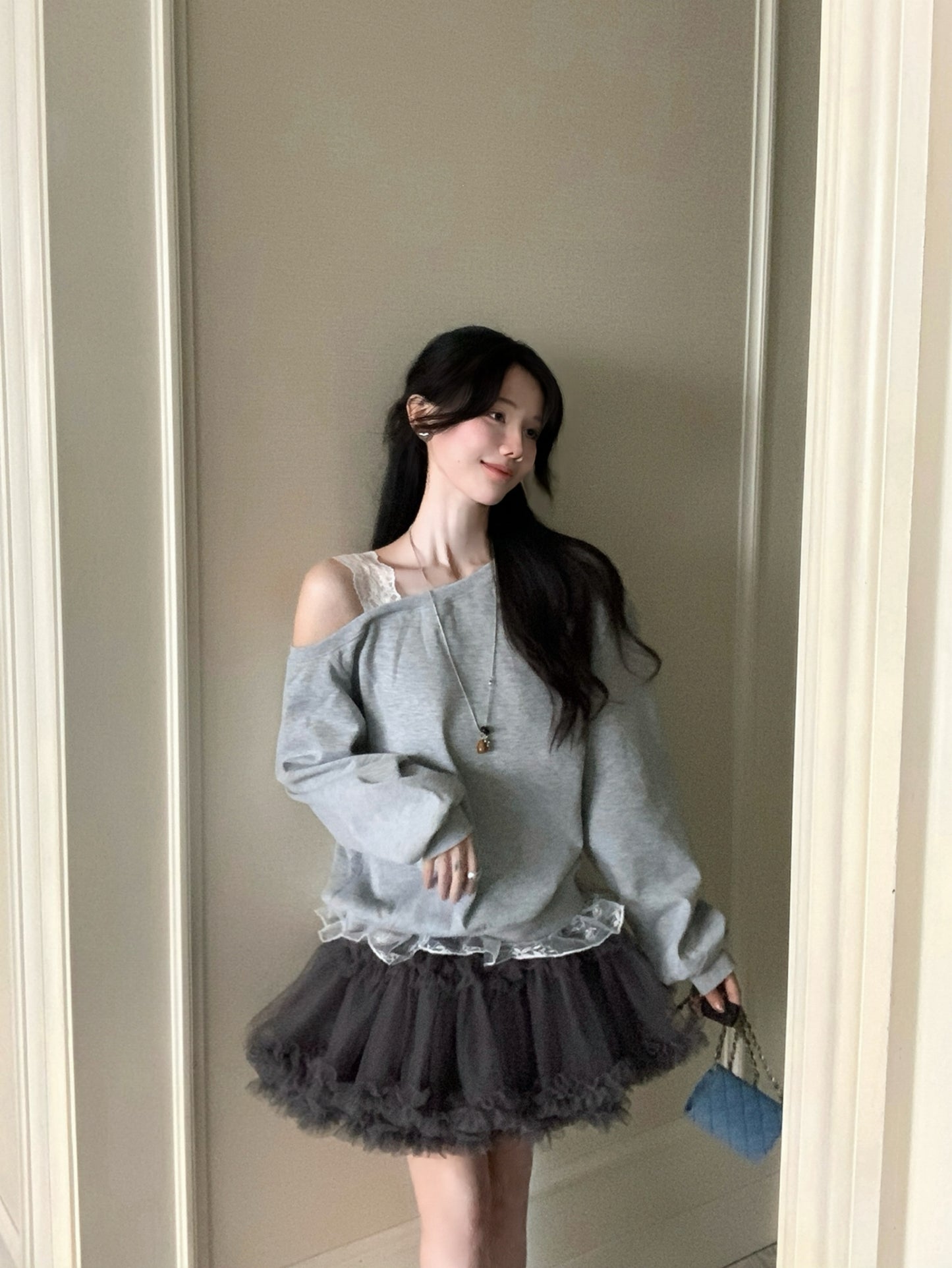 Kelly Designs Off-Shoulder Faux Layered Sweatshirt & Grey Skirt (Instock)