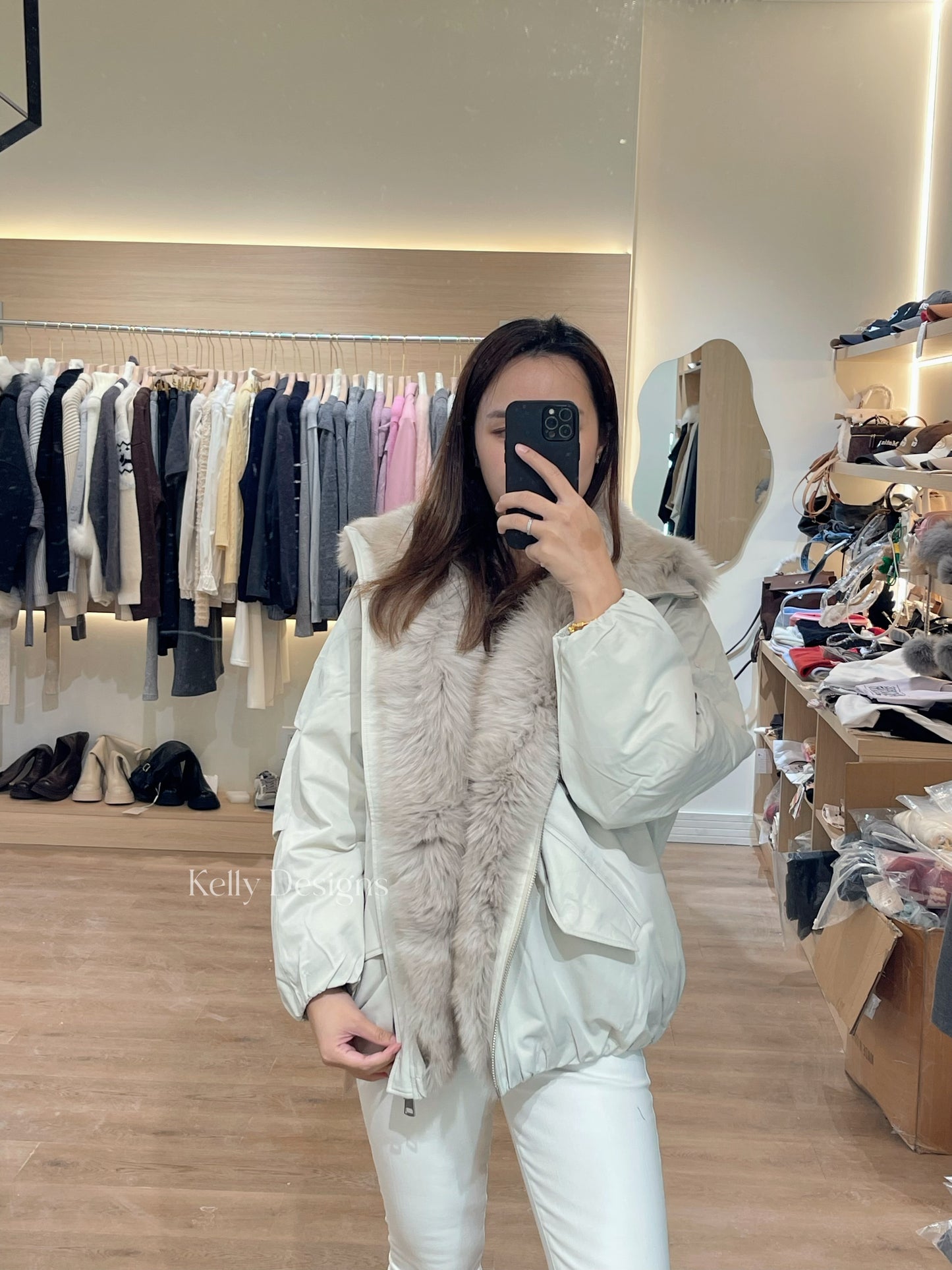 Kelly Designs Goose Down Jacket with Genuine Fox Fur Trim (Preorder)