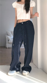 Korean ROBE:L Navy Polka Dot Wide-Leg Pants (Instock)
