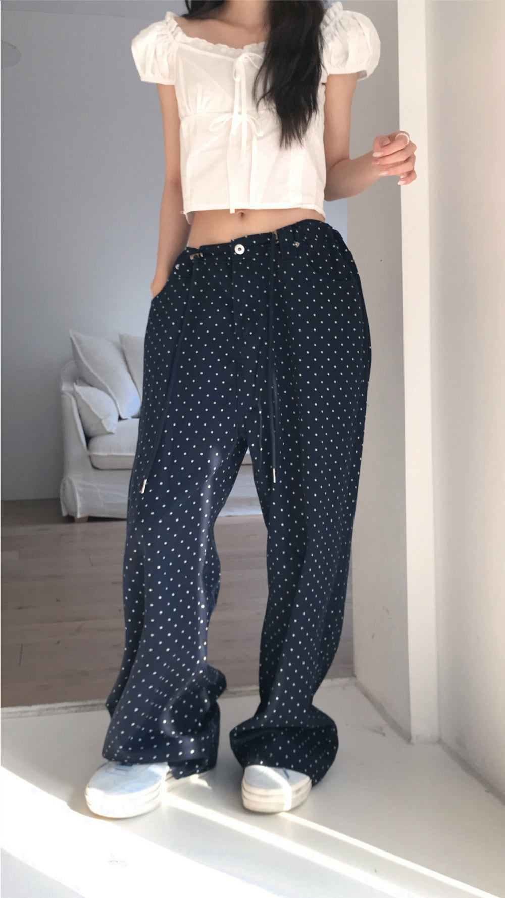 Korean ROBE:L Navy Polka Dot Wide-Leg Pants (Instock)