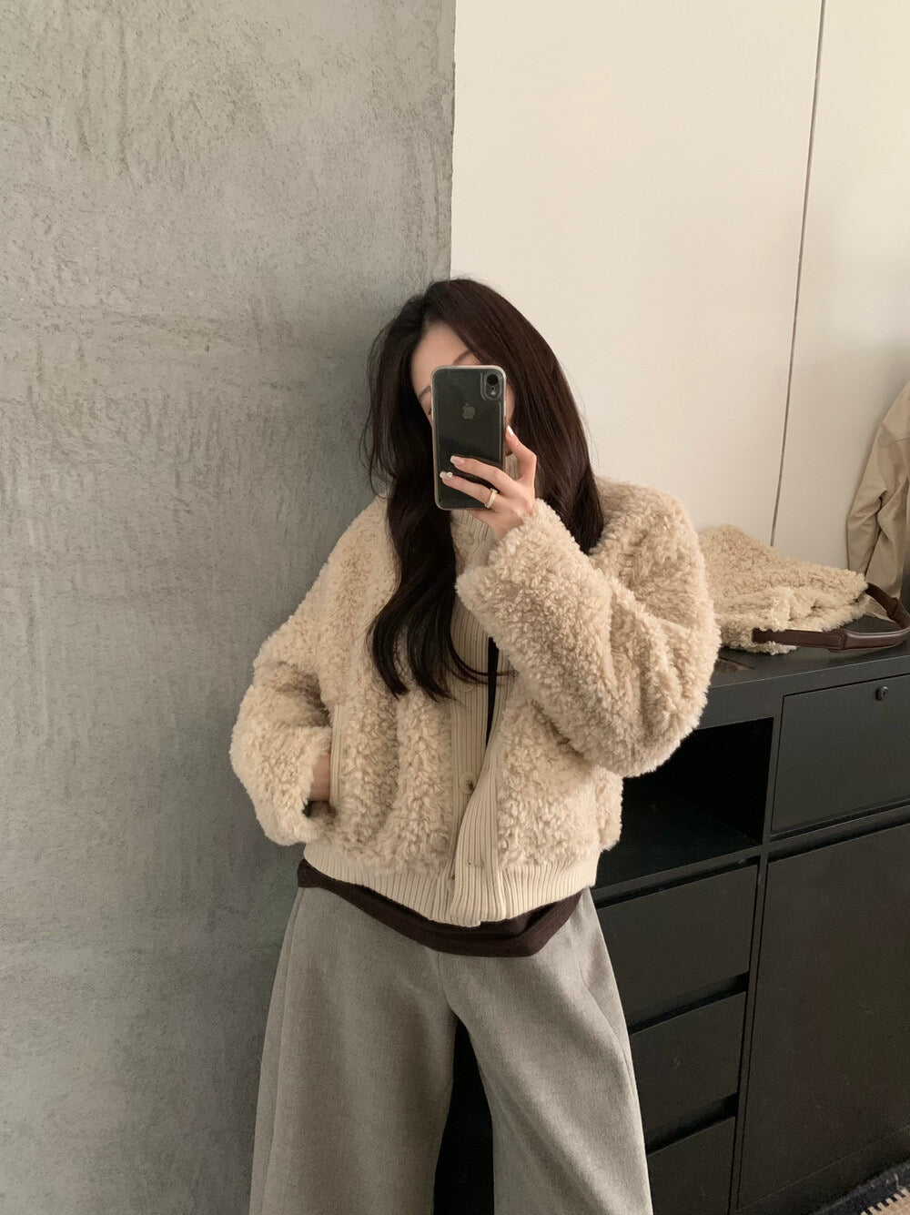 Kelly Designs Soft Teddy Knit-Trim Jacket – Cozy Stand Collar Short Coat (Instock)