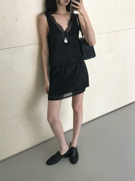 Korean APM Collection Lace Top and Skirt-Black (Instock)