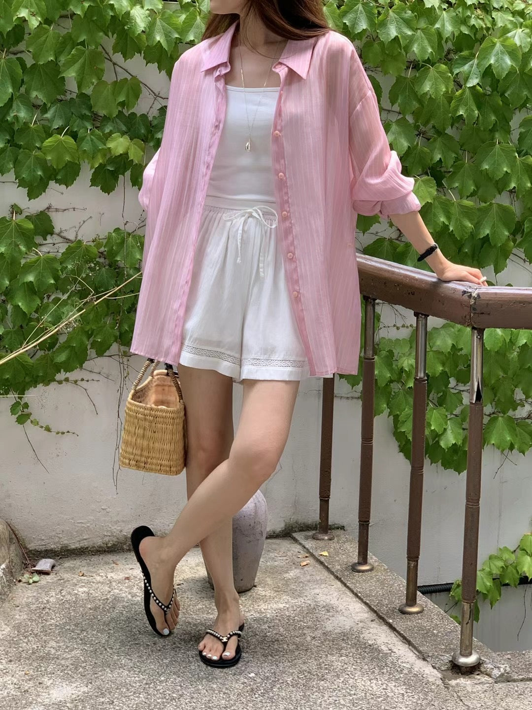 Korean APM Collection Stripe Pink Blouse & Shorts (Instock)