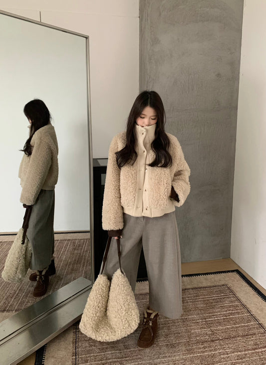 Kelly Designs Soft Teddy Knit-Trim Jacket – Cozy Stand Collar Short Coat (Instock)