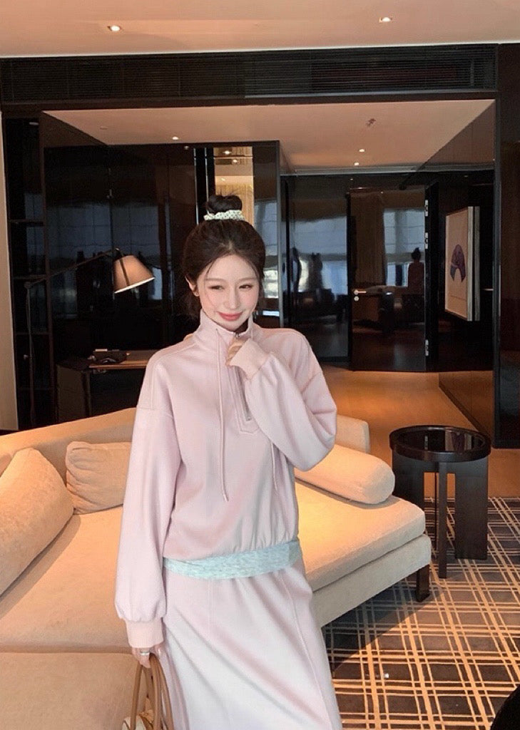 Kelly Designs Two-Piece Hoodie & Midi Skirt Set - Pink/Grey (Instock)