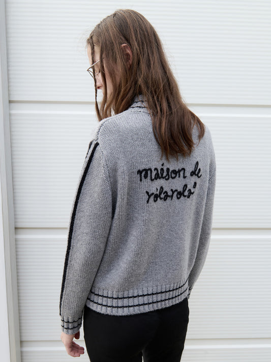 Korean Collection Rolaroal Embroidery Wool Blended Knit Zip-Up Gray (Instock)