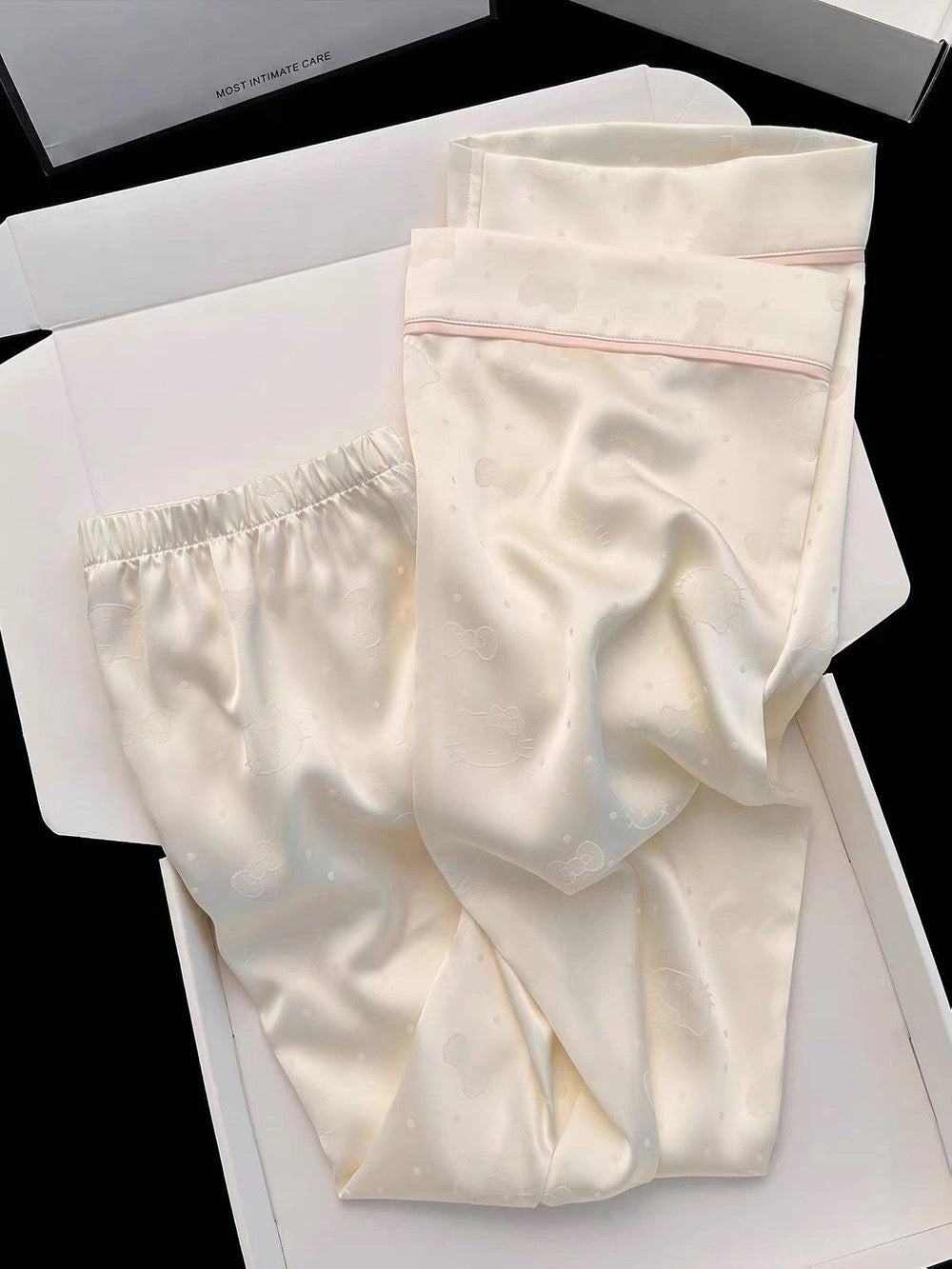 Kelly Designs Kitty Jacquard Satin Pajama Set with Pink Piping (Instock)
