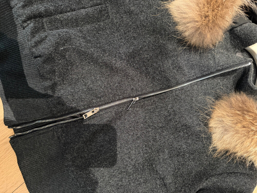 Kelly Designs Minimal Wool-Blend Short Goose Jacket with Detachable Raccoon Fur Collar (Instock)