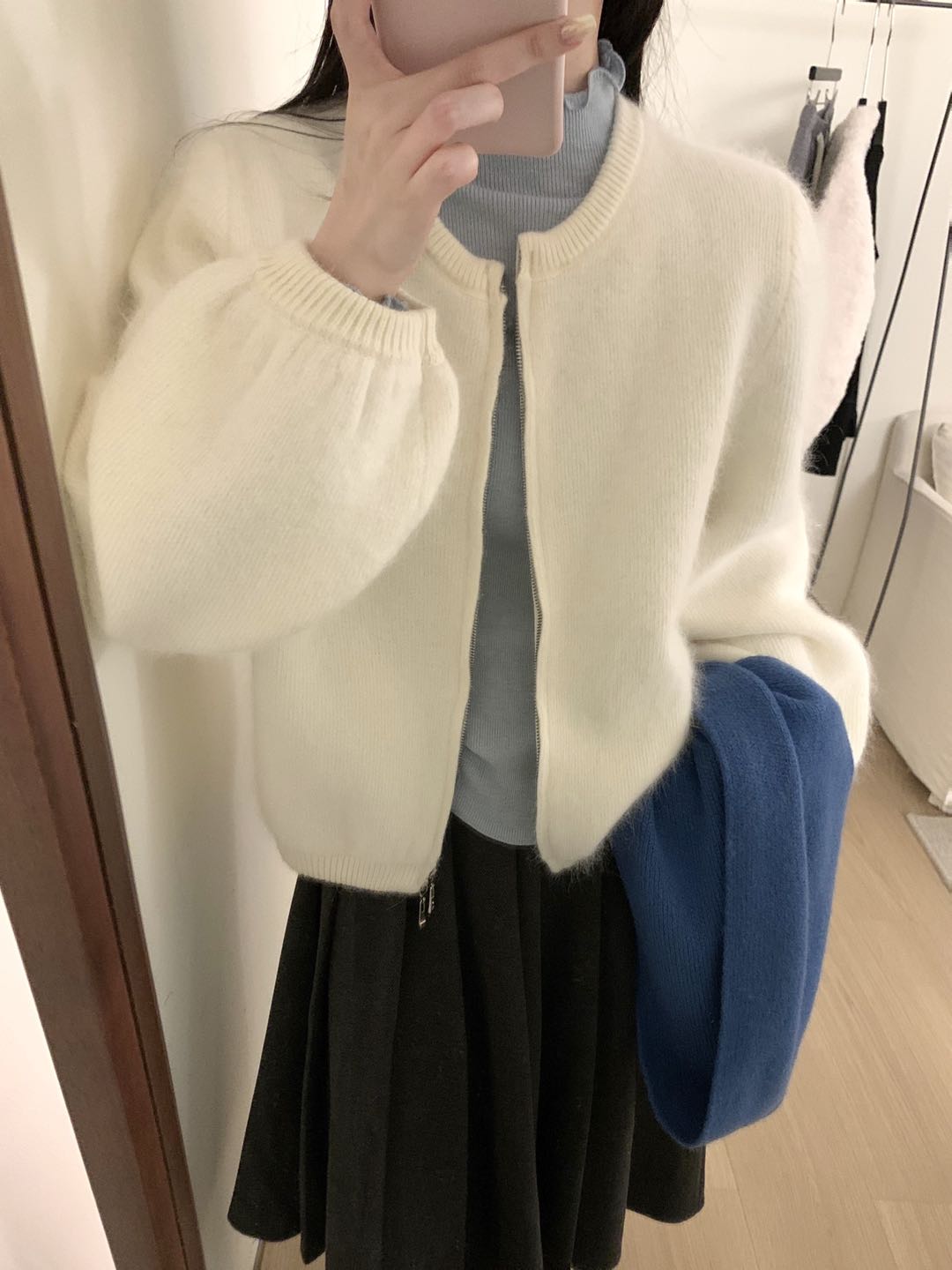 Kelly Designs Raccoon Wool Zip-Up Knit White Cardigan – Soft & Fluffy (Instock)