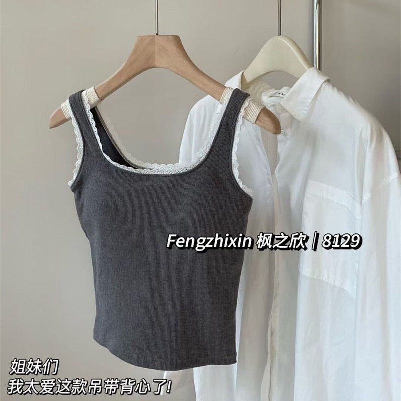 Kelly Designs Soft Ribbed Lace Tank with Built-In Bra Top (Instock)