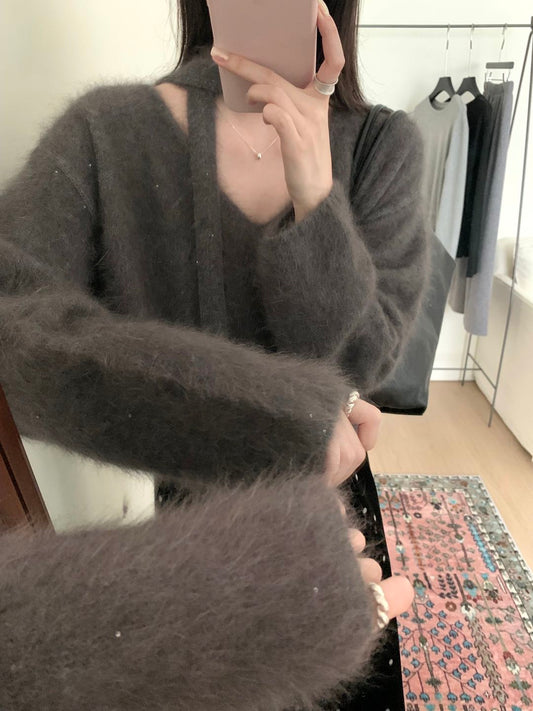 Kelly Designs Soft Mink-Touch V-Neck Knit Sweater with Matching Scarf Tie (Instock)