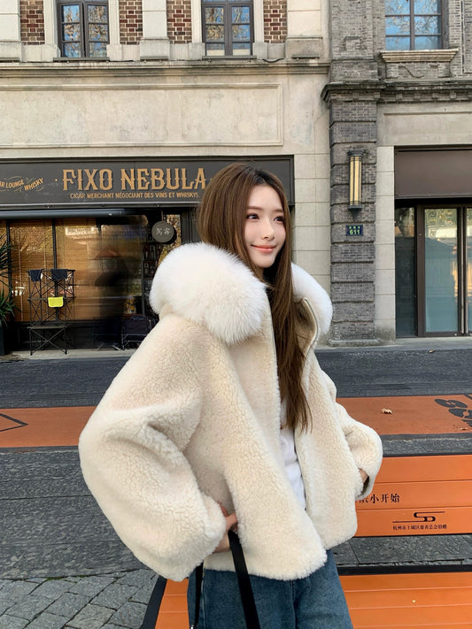 Kelly Designs Oversized Fox Fur Hooded Shearling Wool Jacket with Drawstring Hem (Instock)