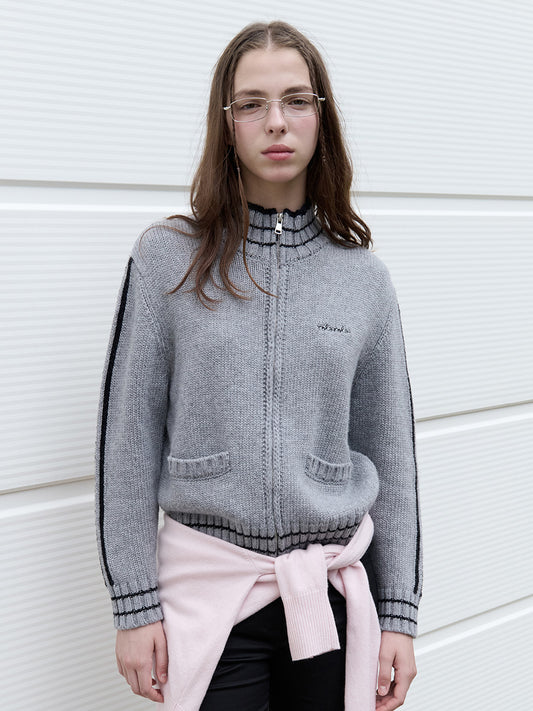Korean Collection Rolaroal Embroidery Wool Blended Knit Zip-Up Gray (Instock)