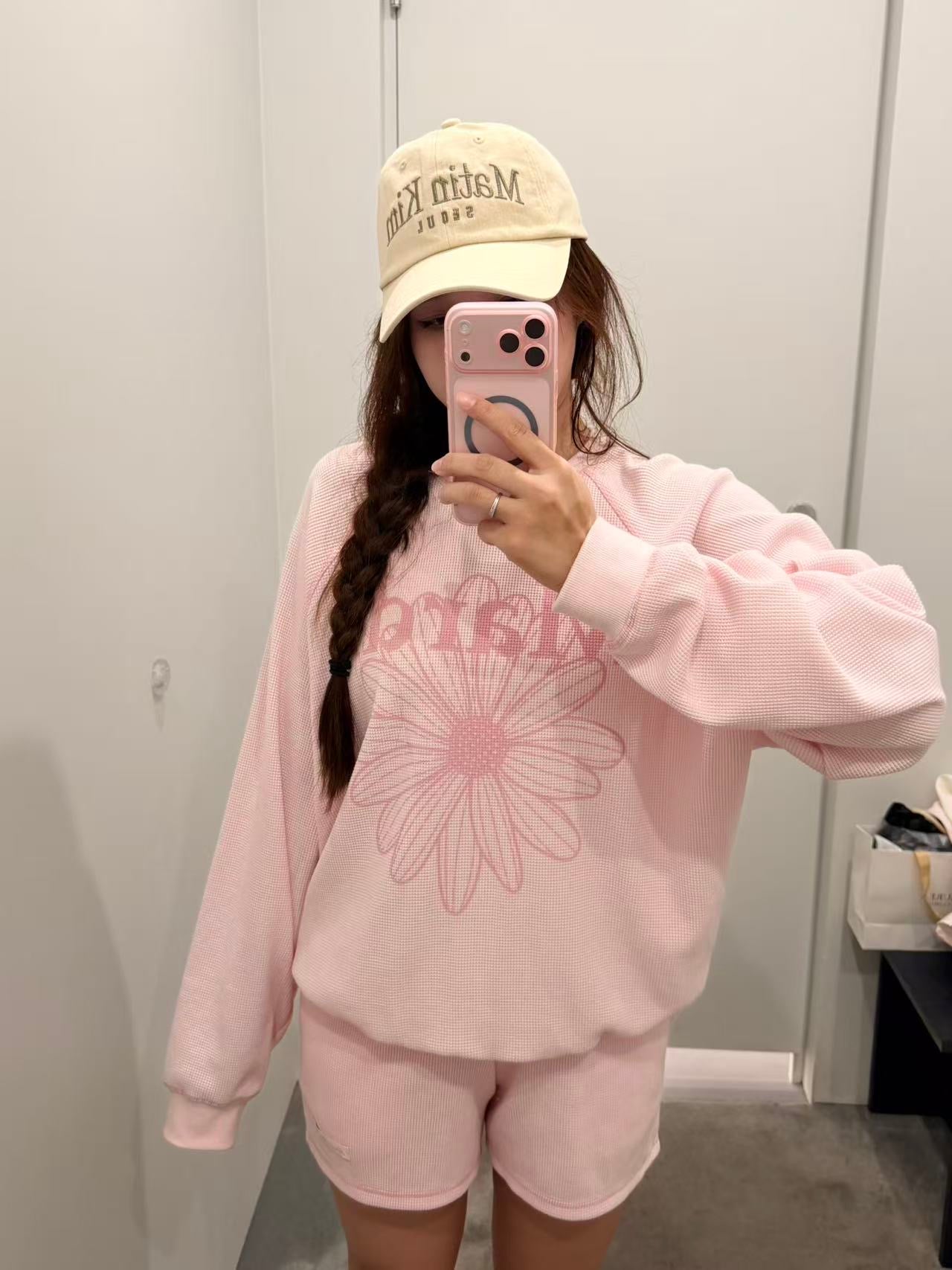 Mardi Mercredi WAFFLE SWEATSHIRT OFF SHOULDER FLOWERMARDI_PINK PINK  (Preorder)