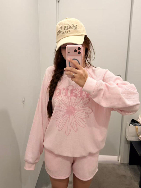 Mardi Mercredi WAFFLE SWEATSHIRT OFF SHOULDER FLOWERMARDI_PINK PINK  (Preorder)