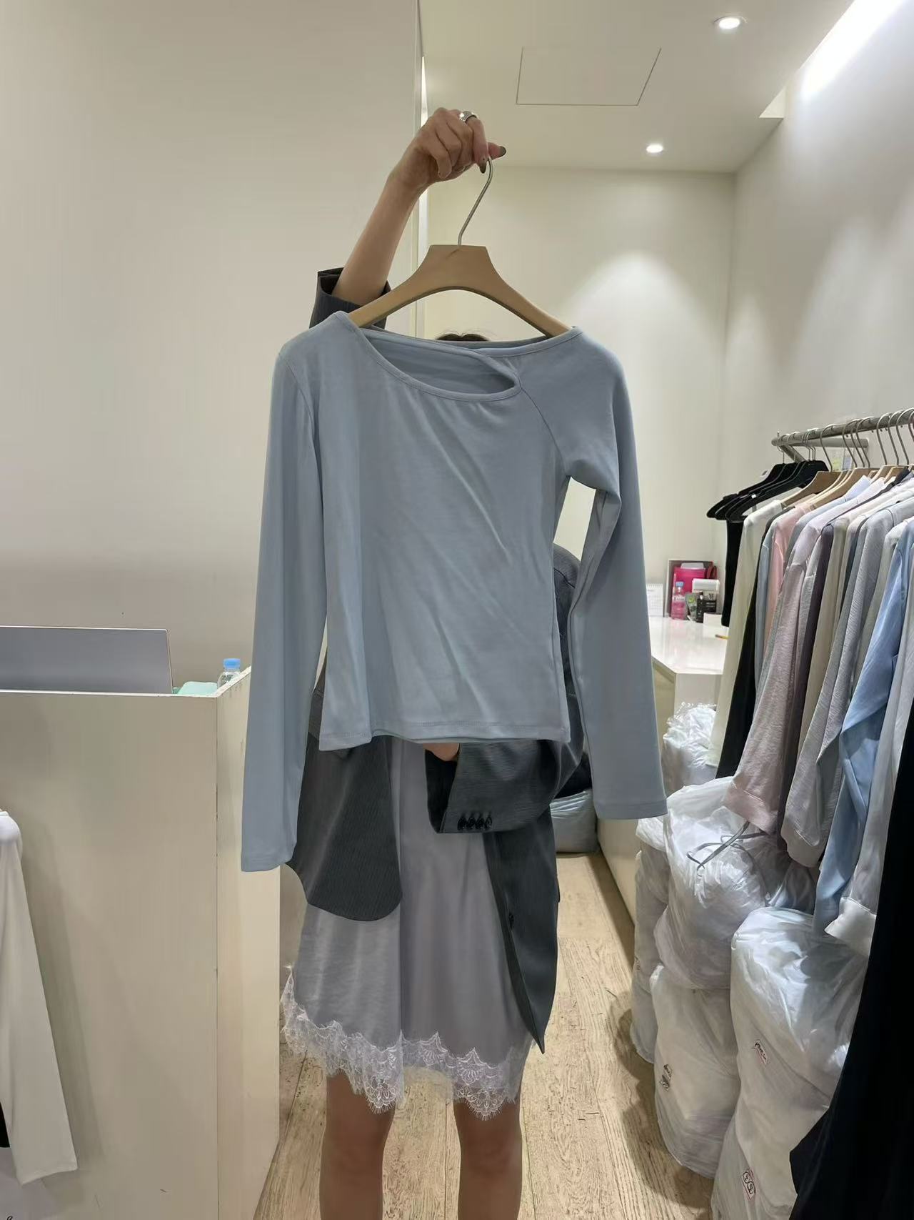 Korean APM Collection Asymmetrical Cut-Out Neckline Long Sleeve Top (Instock)