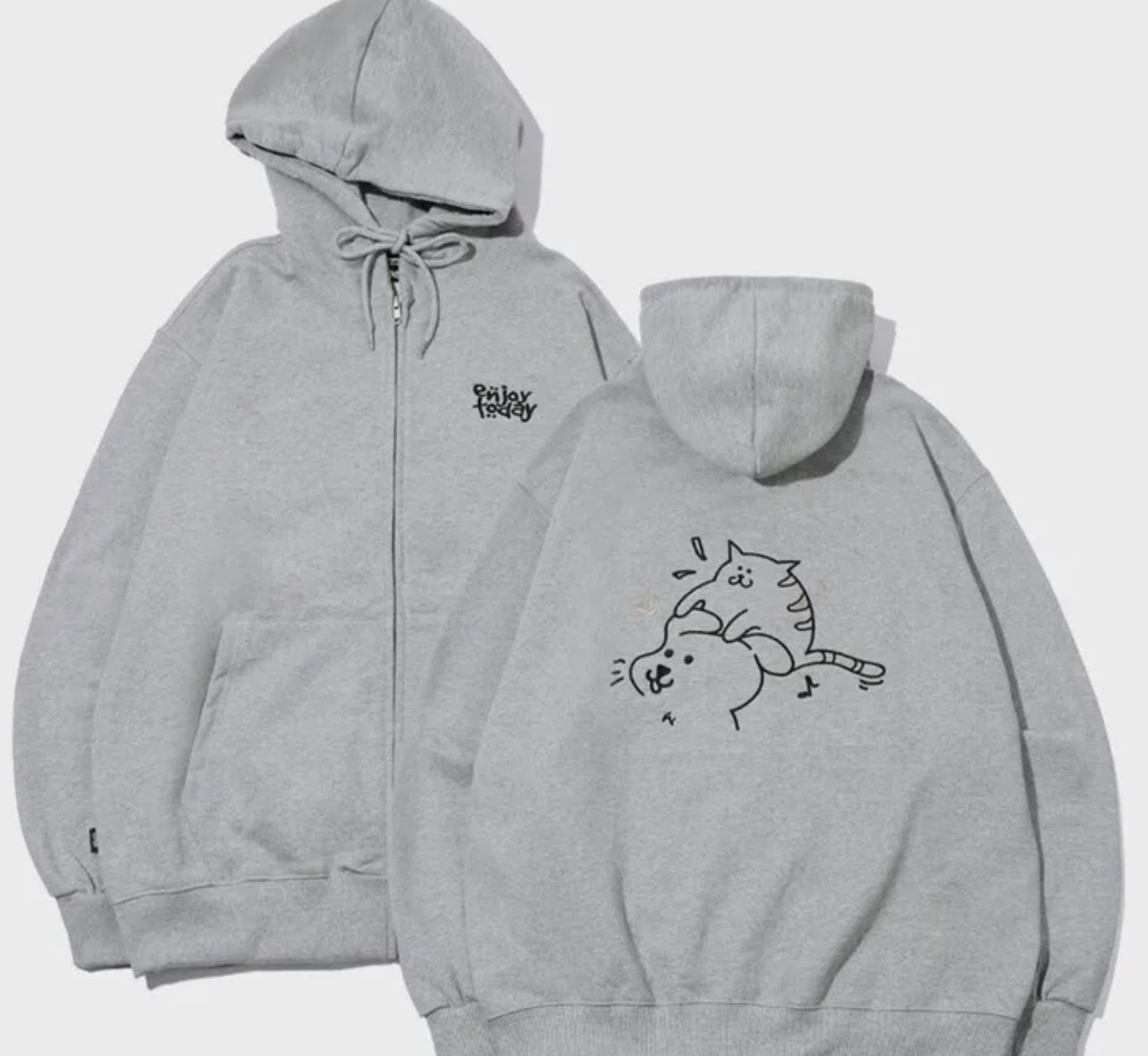 Korean Collection Enjoy Cat Zip Up Oversize Grey Hoodie (Preorder）