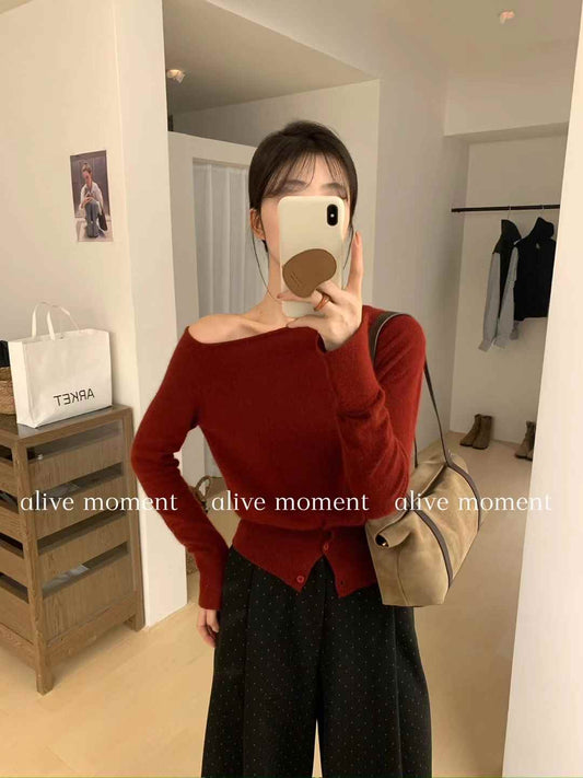 Kelly Designs Off-Shoulder Red Wool Sweater (Instock)