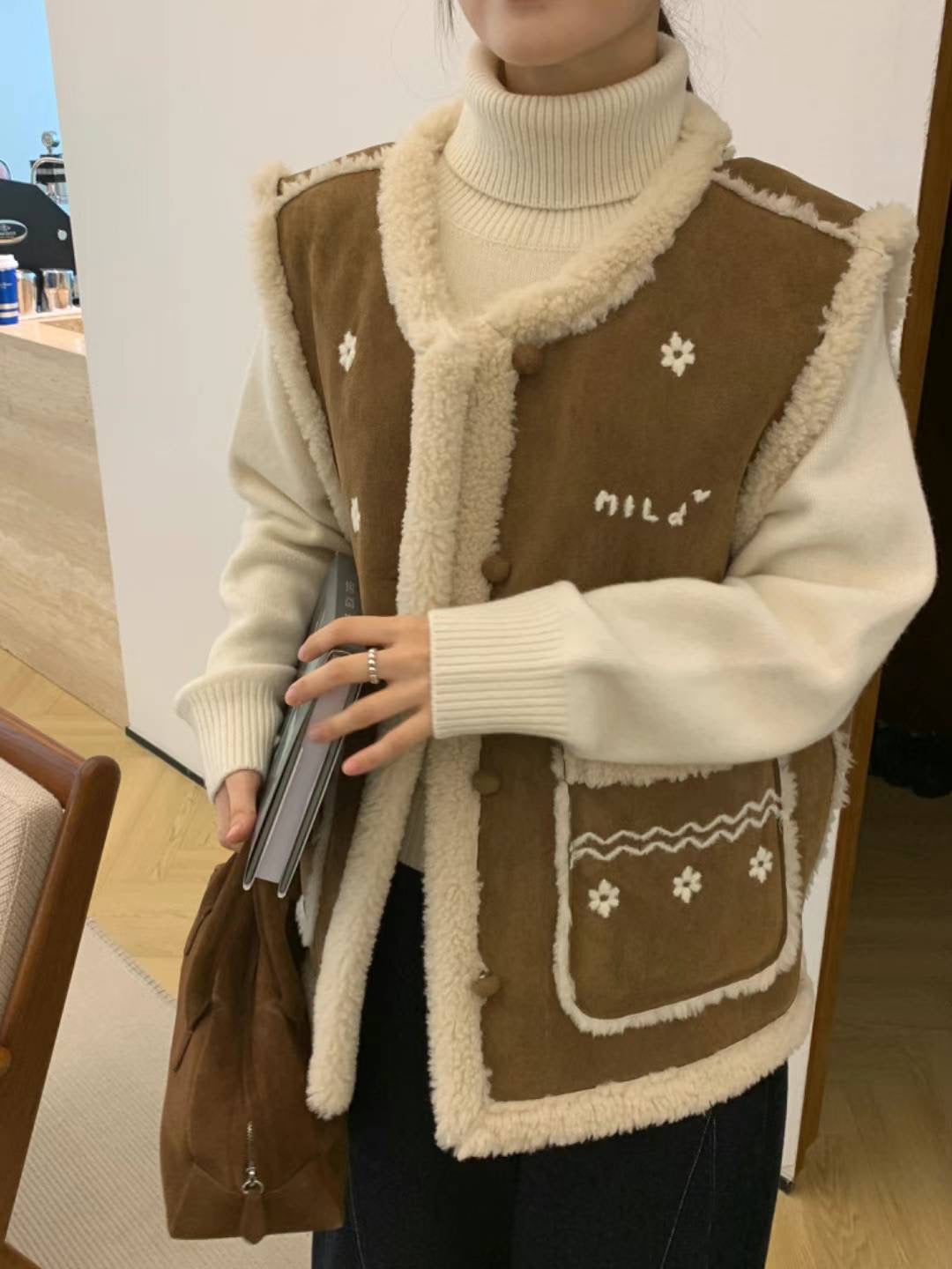 Kelly Designs Shearling Flowers Brown Vest (Instock)