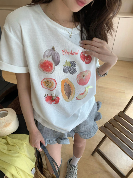 Kelly Designs Fruit Cartoons Oversize White TShirt (Instock)