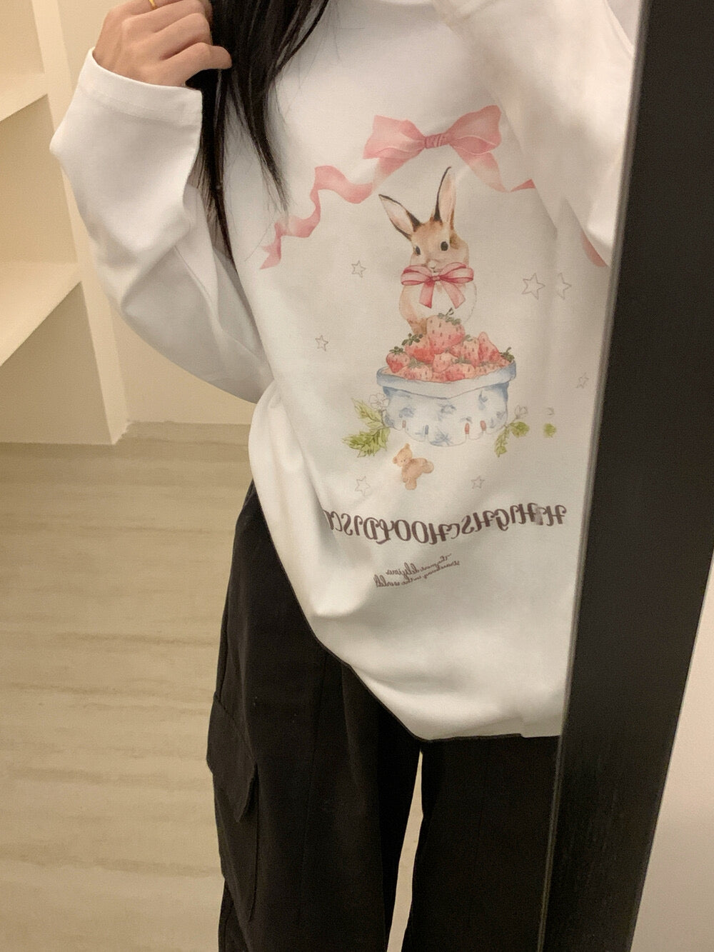 Kelly Designs Brushed Cotton Long-Sleeve Tee – Bow Strawberry Bunny Print (Instock)