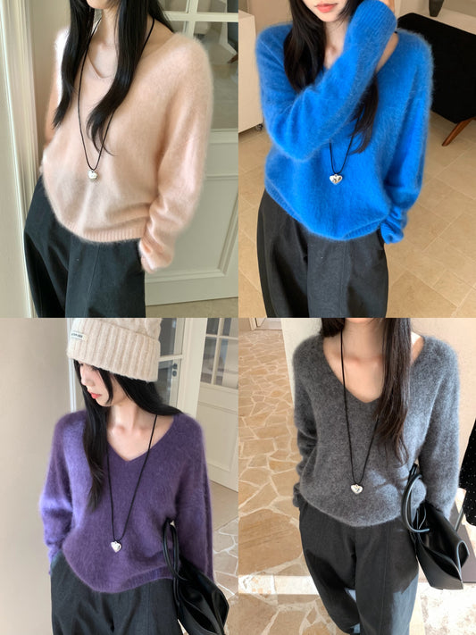 Kelly Designs 5-Color Brushed Cashmere Wool V-Neck Sweater (Instock)