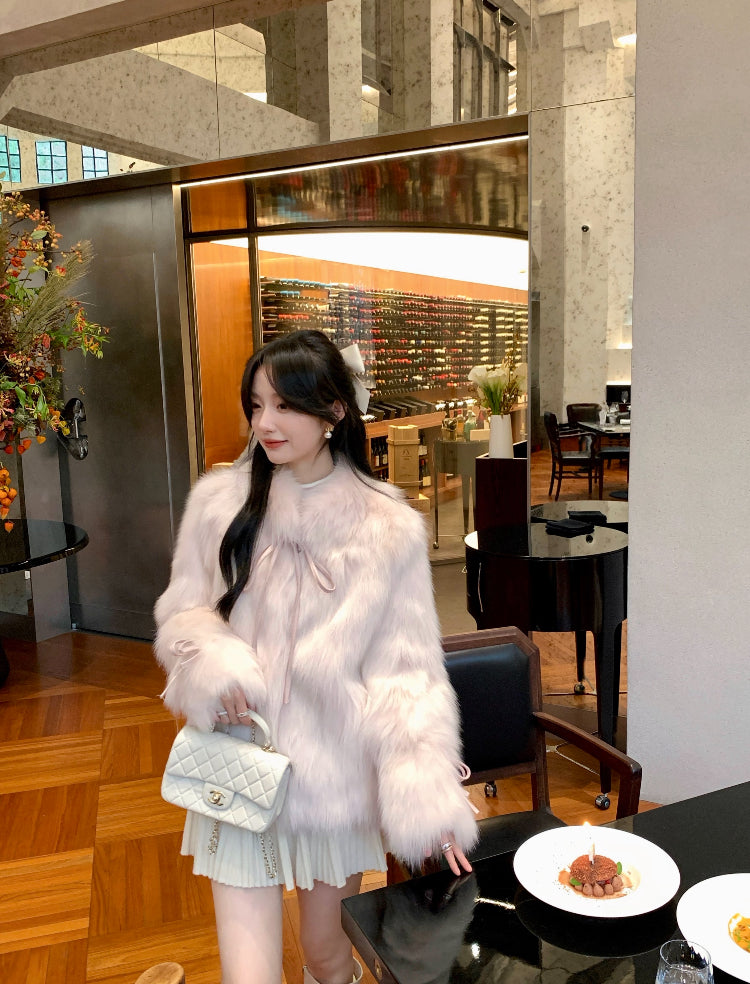 Kelly Designs Pink Fox Fur Coat with Bow Detail (Instock)